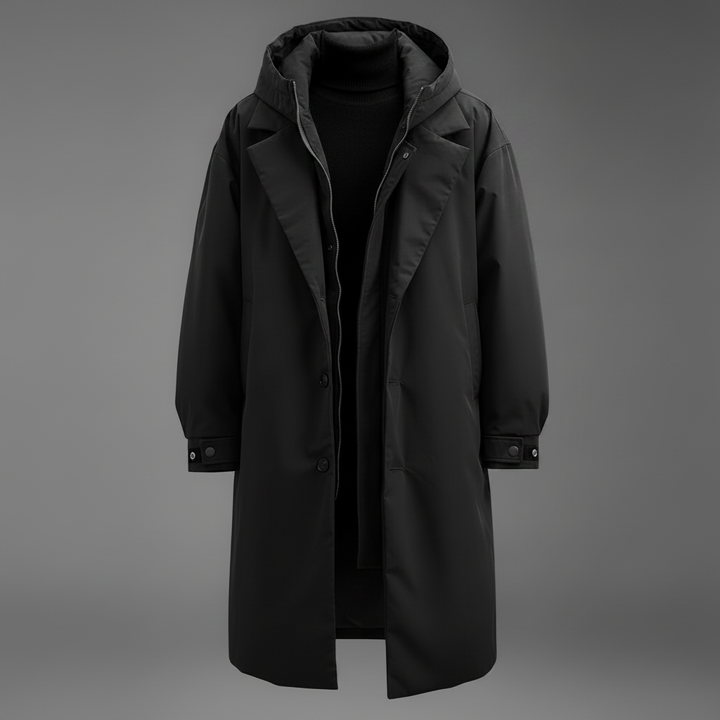 Callum | Men's Long Hooded Puffer Trench Coat in Black