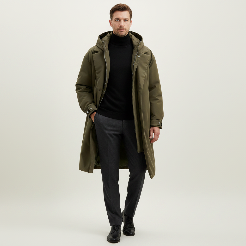 Callum | Men's Long Hooded Puffer Trench Coat