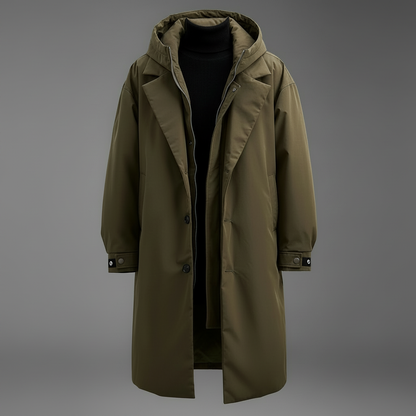 Callum | Men's Long Hooded Puffer Trench Coat in Army Green