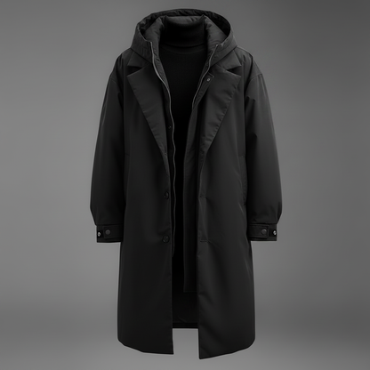 Callum | Men's Long Hooded Puffer Trench Coat in Black