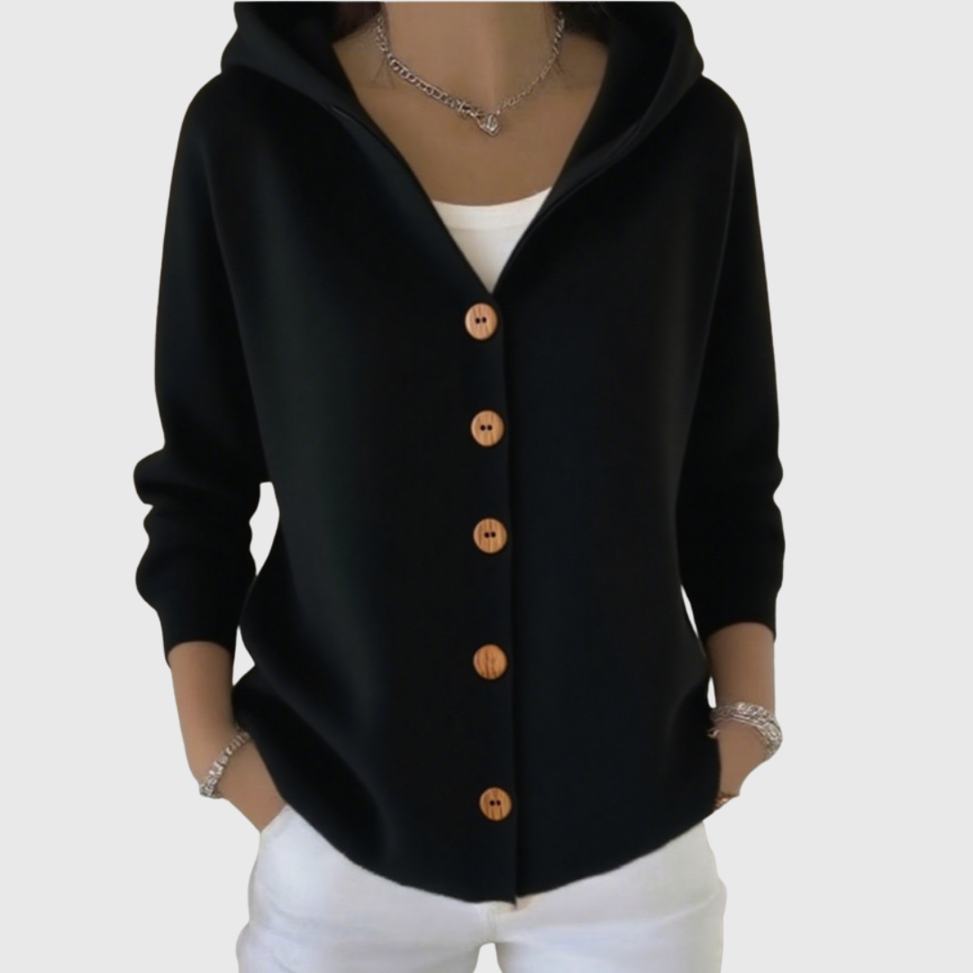 Clara | Women's Hooded Button-Up Knit Cardigan in Black