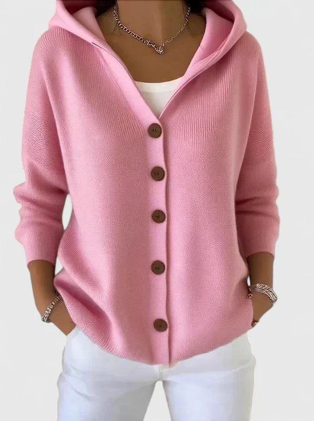 Clara | Women's Hooded Button-Up Knit Cardigan in Pink