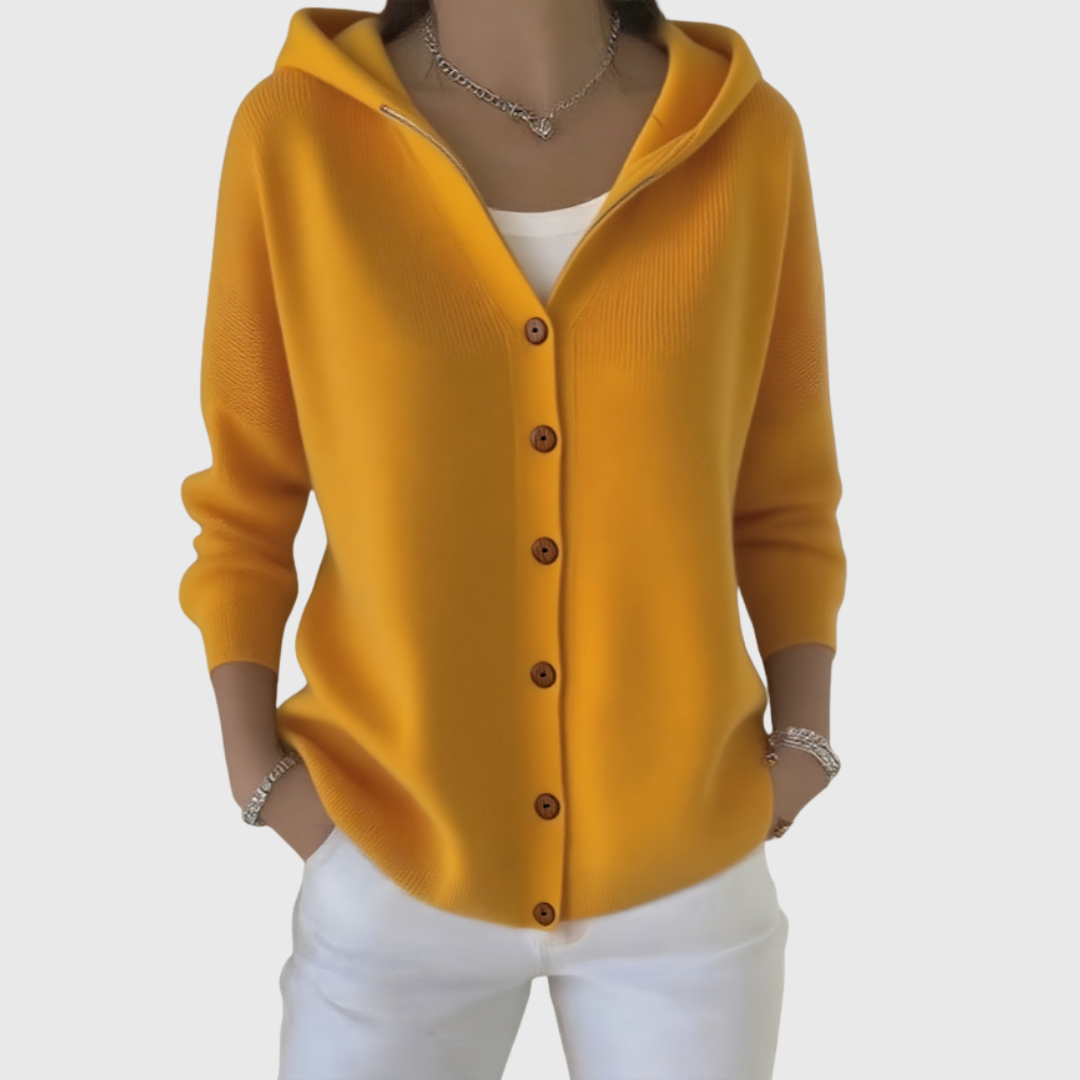 Clara | Women's Hooded Button-Up Knit Cardigan in Mustard