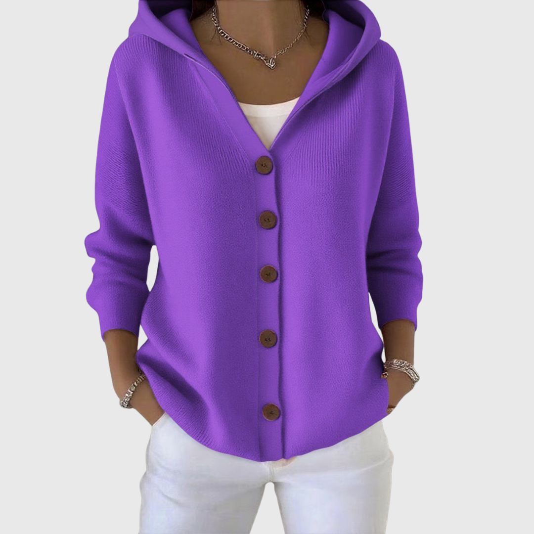 Clara | Women's Hooded Button-Up Knit Cardigan in Purple