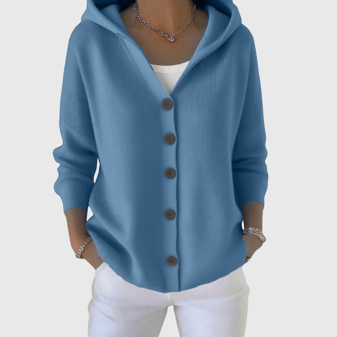 Clara | Women's Hooded Button-Up Knit Cardigan in Blue