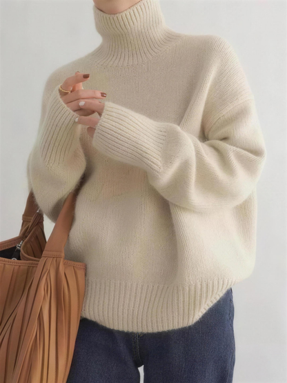 Hazel | Women's Relaxed Soft Knit Turtleneck Sweater in Beige