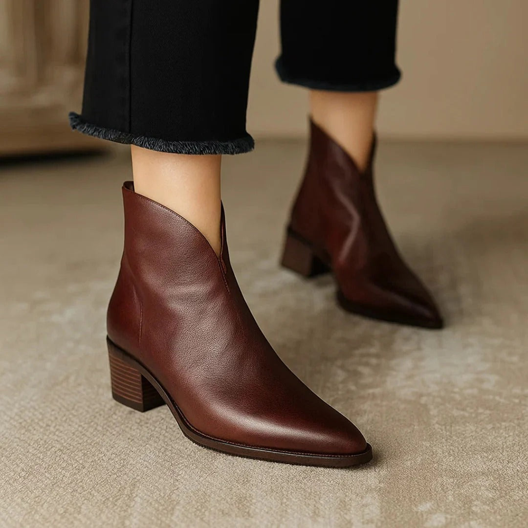 Iris | Women's Pointed Toe V-Cut Block Heel Ankle Boots in Brown