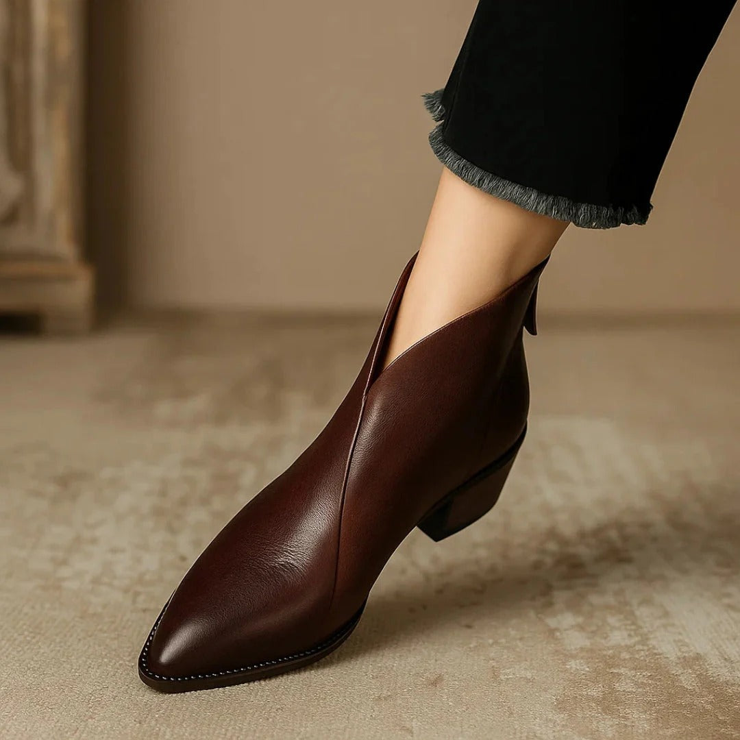Iris | Women's Pointed Toe V-Cut Block Heel Ankle Boots