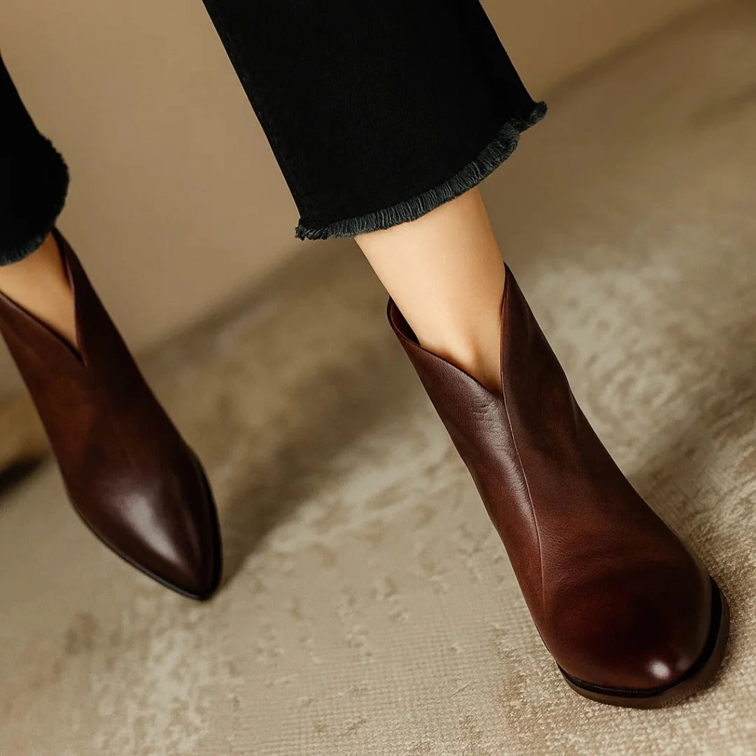 Iris | Women's Pointed Toe V-Cut Block Heel Ankle Boots