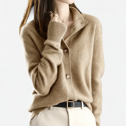 Lena | Women's Stand Collar Button Front Cardigan in Khaki