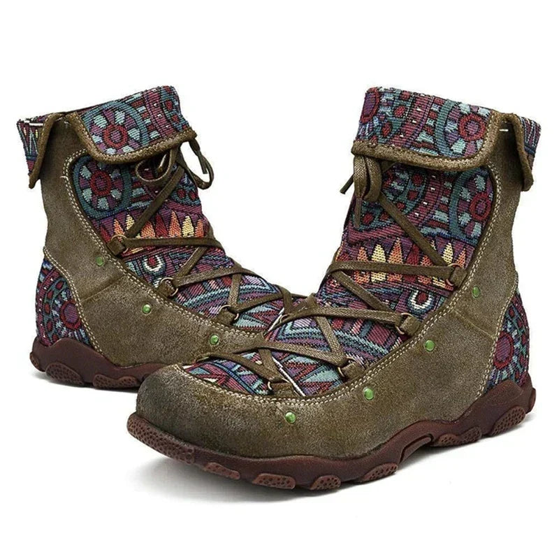 Mila | Women's Lace-Up Side-Zip Patterned Ankle Boots in Green