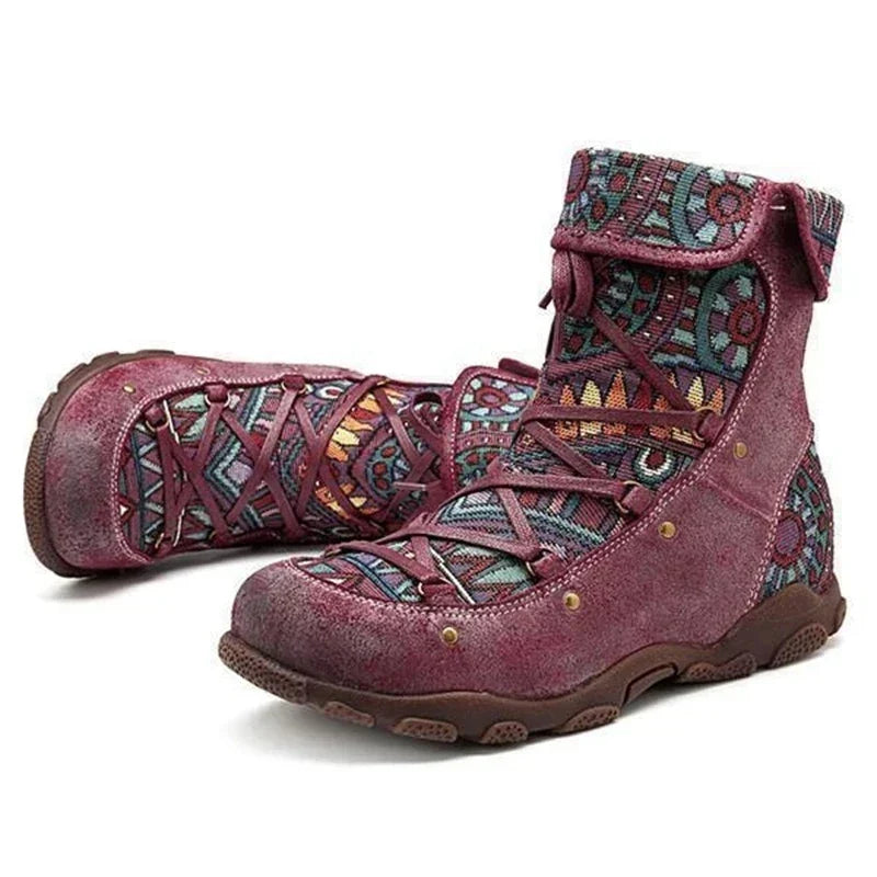 Mila | Women's Lace-Up Side-Zip Patterned Ankle Boots in Burgundy