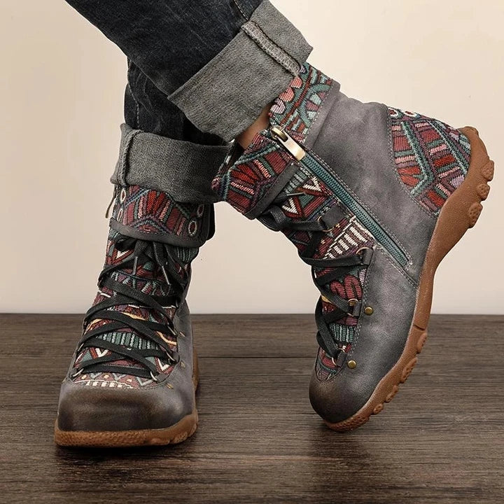 Mila | Women's Lace-Up Side-Zip Patterned Ankle Boots in Grey