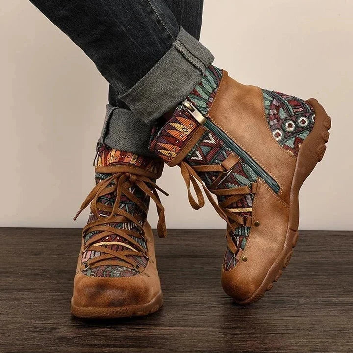 Mila | Women's Lace-Up Side-Zip Patterned Ankle Boots in Brown