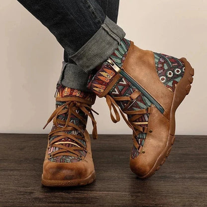 Mila | Women's Lace-Up Side-Zip Patterned Ankle Boots in Brown