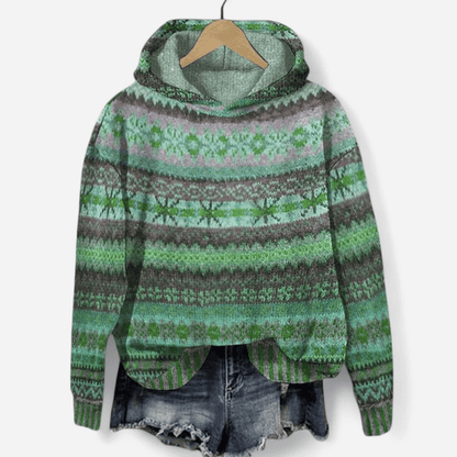 Nina | Women's Retro Fair Isle Print Hoodie in Sage Green