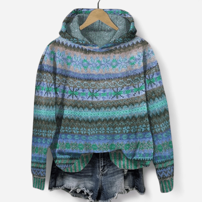 Nina | Women's Retro Fair Isle Print Hoodie in Blue