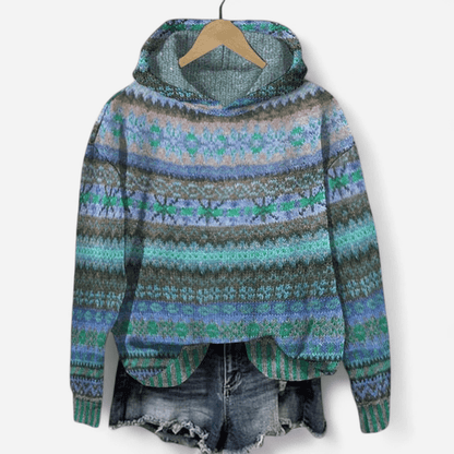 Nina | Women's Retro Fair Isle Print Hoodie in Blue