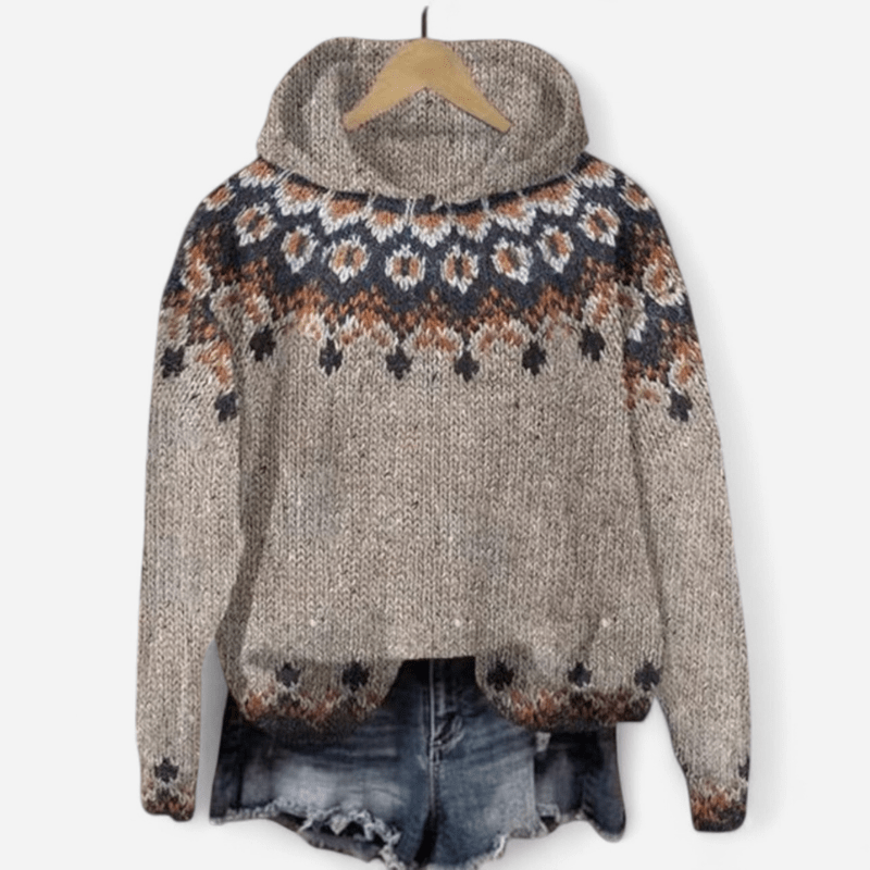Nina | Women's Retro Fair Isle Print Hoodie in Taupe