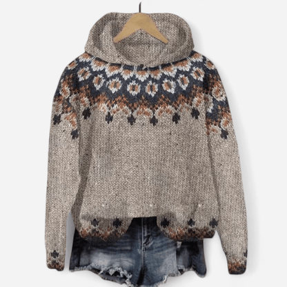 Nina | Women's Retro Fair Isle Print Hoodie in Taupe