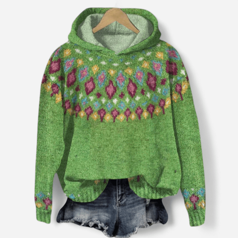 Nina | Women's Retro Fair Isle Print Hoodie in Green