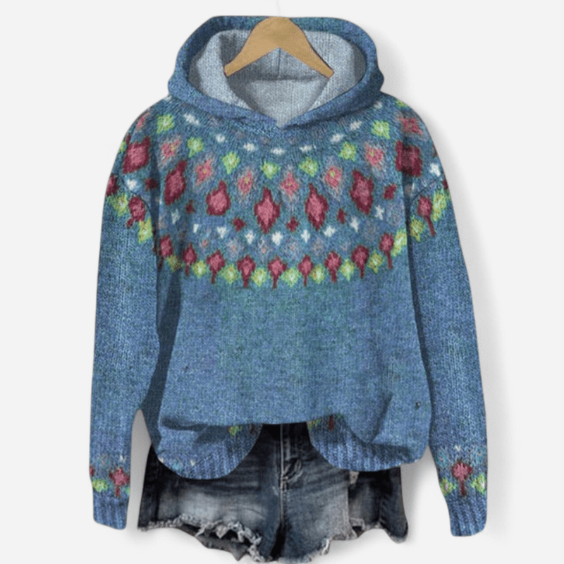 Nina | Women's Retro Fair Isle Print Hoodie in Denim Blue