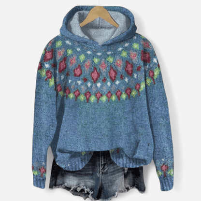 Nina | Women's Retro Fair Isle Print Hoodie in Denim Blue