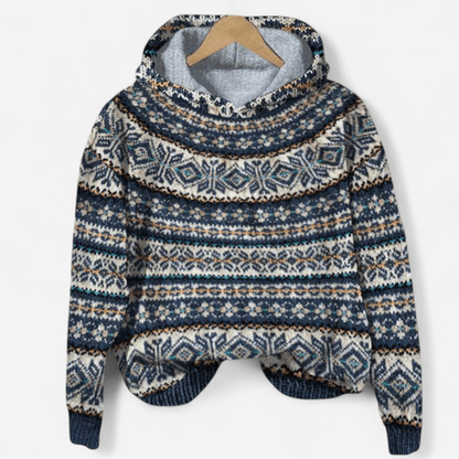 Nina | Women's Retro Fair Isle Print Hoodie in Navy