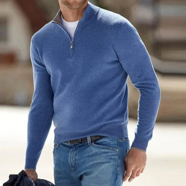 Oscar | Men's Quarter-Zip Mock Neck Soft Knit Sweater in Blue