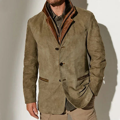 Silas | Men's Tailored Faux Suede Contrast Lapel Coat in Khaki