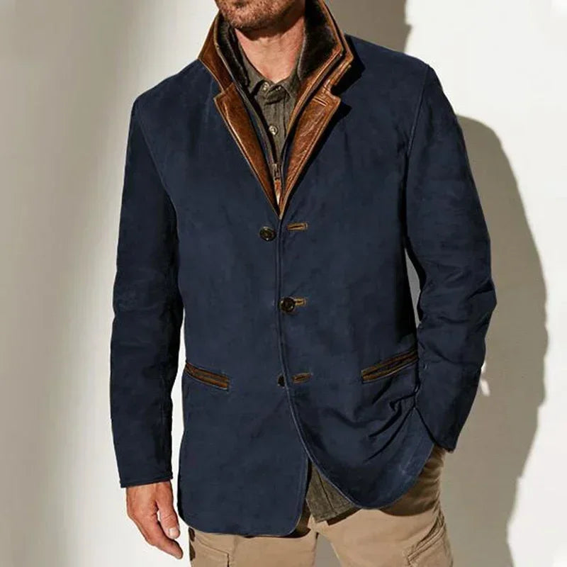 Silas | Men's Tailored Faux Suede Contrast Lapel Coat in Navy