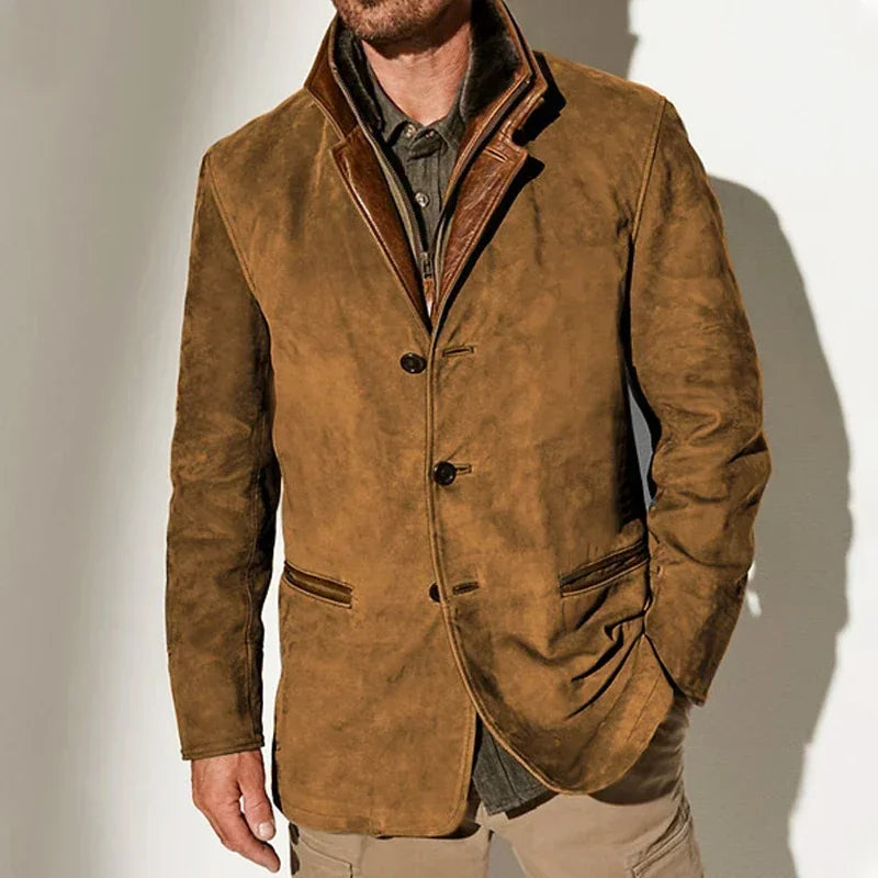 Silas | Men's Tailored Faux Suede Contrast Lapel Coat in Tan