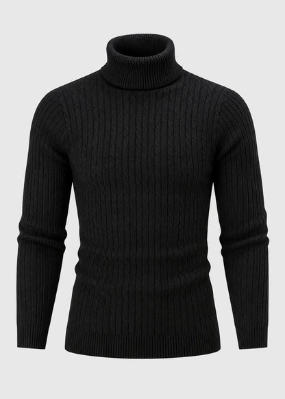 Theo | Men's Slim Fit Cable-Knit Turtleneck Sweater in Black