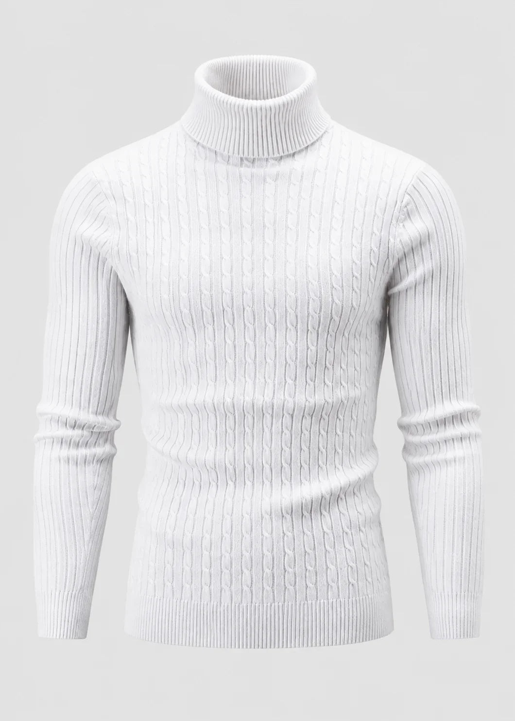 Theo | Men's Slim Fit Cable-Knit Turtleneck Sweater in White