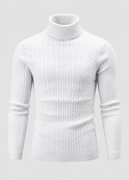 Theo | Men's Slim Fit Cable-Knit Turtleneck Sweater in White