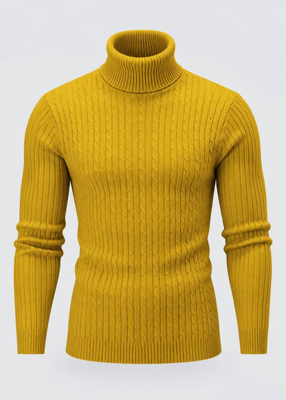 Theo | Men's Slim Fit Cable-Knit Turtleneck Sweater in Mustard