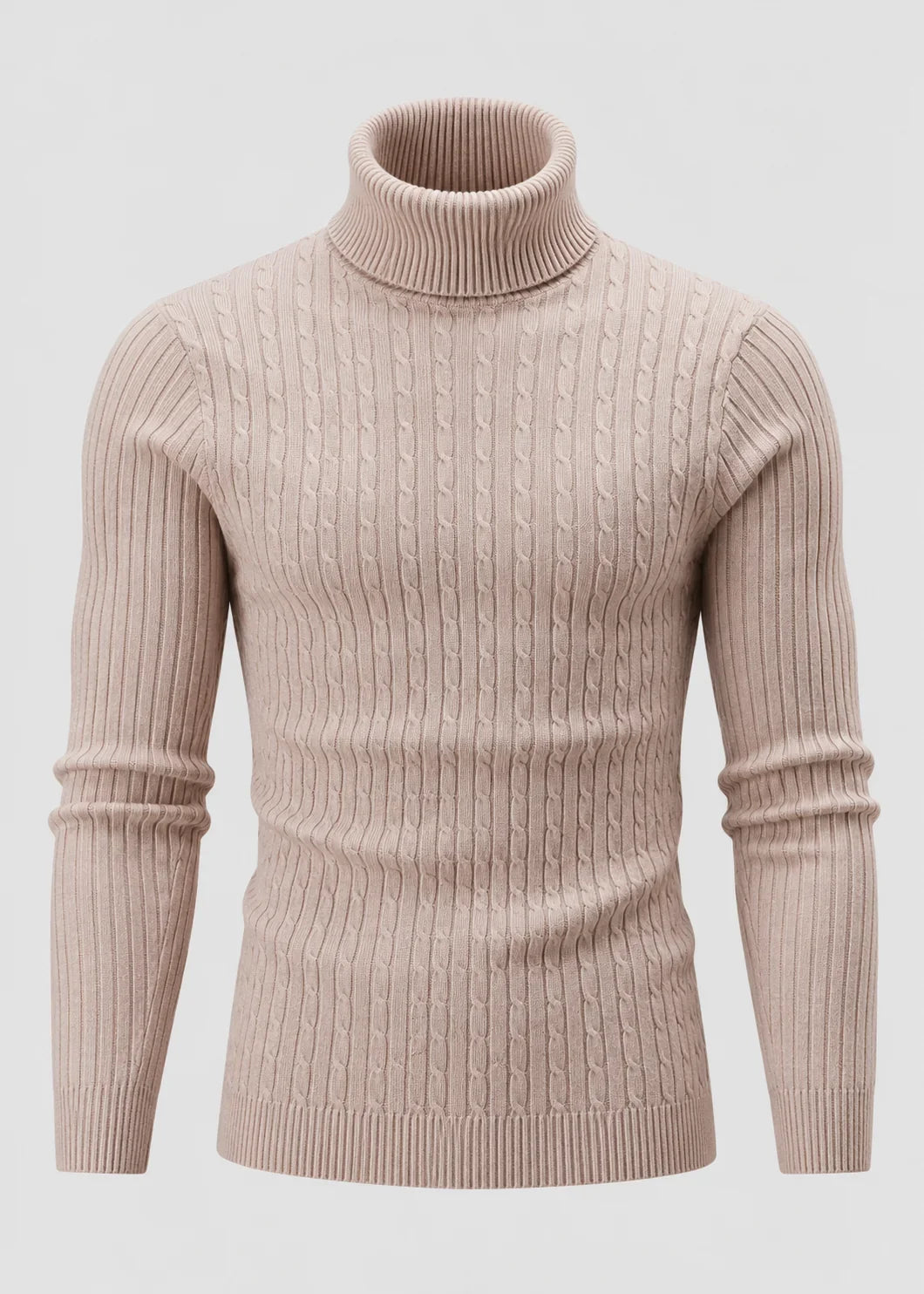 Theo | Men's Slim Fit Cable-Knit Turtleneck Sweater in Beige