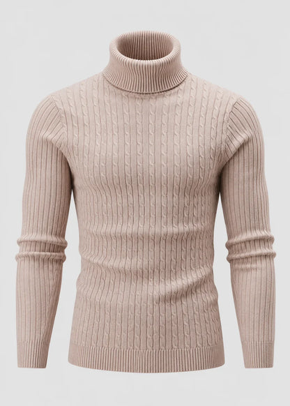 Theo | Men's Slim Fit Cable-Knit Turtleneck Sweater in Beige