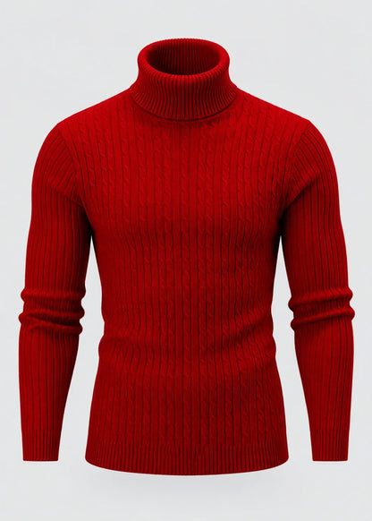 Theo | Men's Slim Fit Cable-Knit Turtleneck Sweater in Red