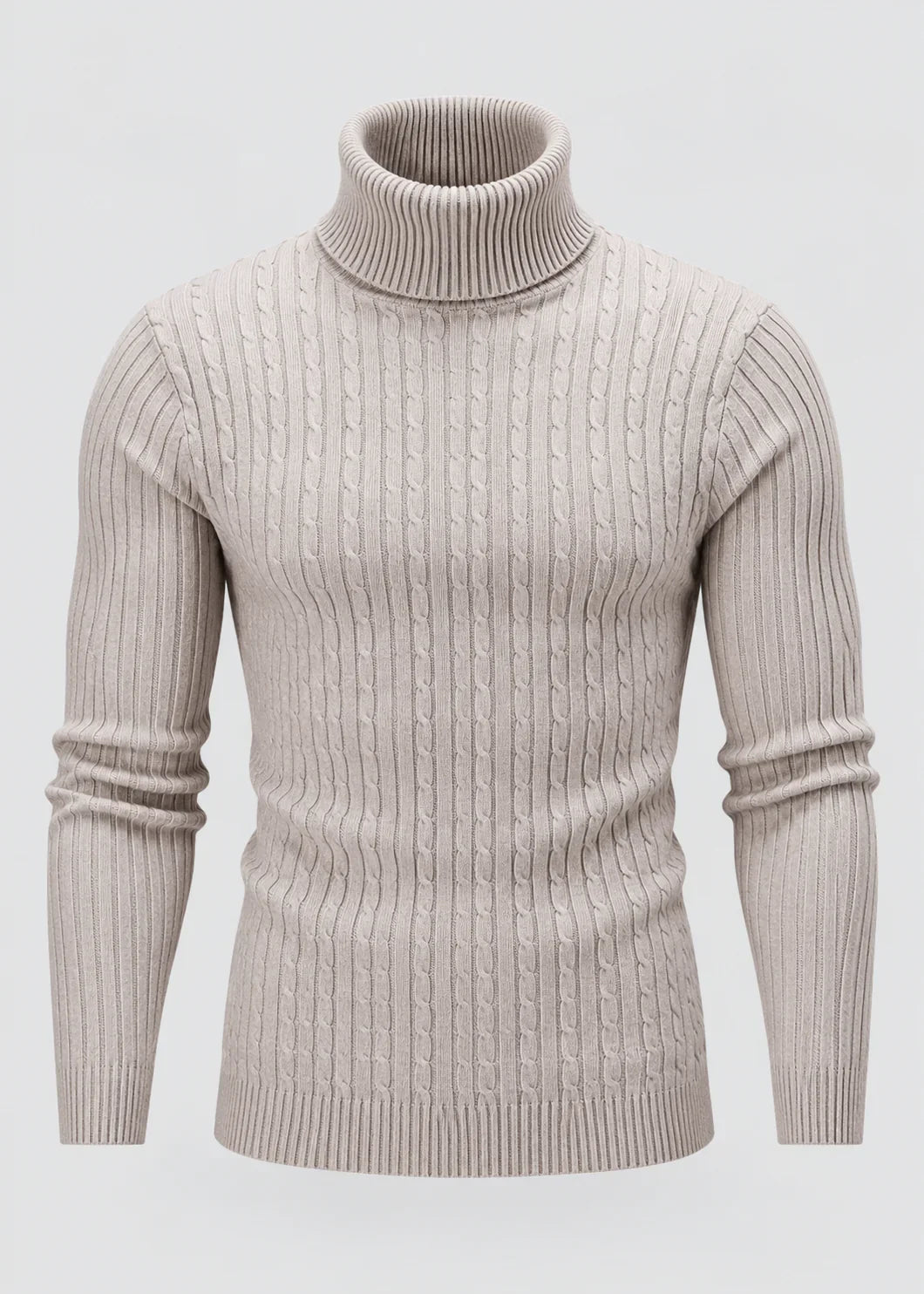 Theo | Men's Slim Fit Cable-Knit Turtleneck Sweater in Light Beige