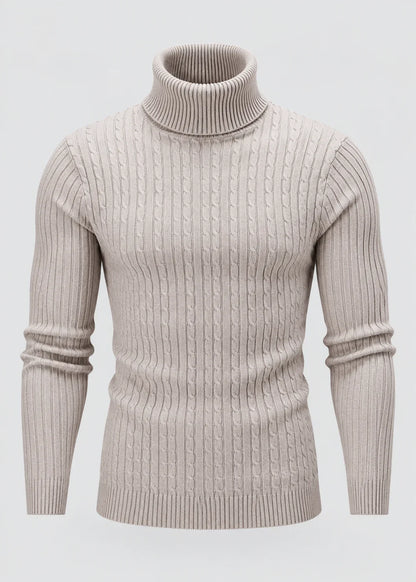 Theo | Men's Slim Fit Cable-Knit Turtleneck Sweater in Light Beige