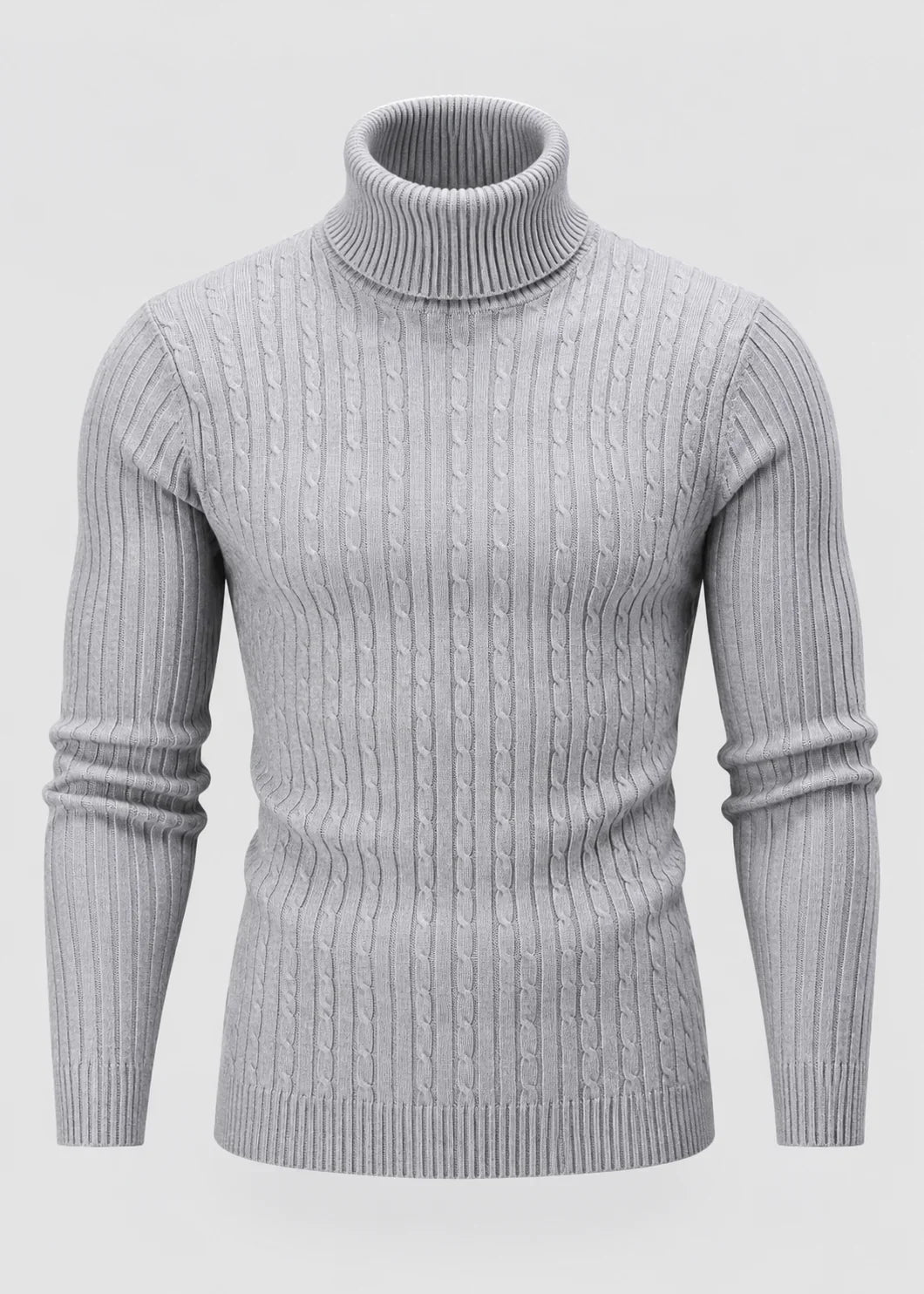 Theo | Men's Slim Fit Cable-Knit Turtleneck Sweater in Light Grey
