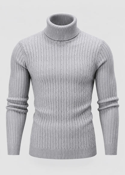 Theo | Men's Slim Fit Cable-Knit Turtleneck Sweater in Light Grey