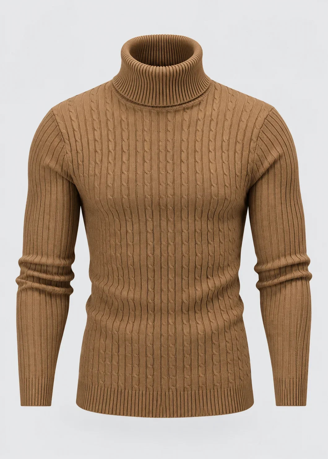 Theo | Men's Slim Fit Cable-Knit Turtleneck Sweater in Camel