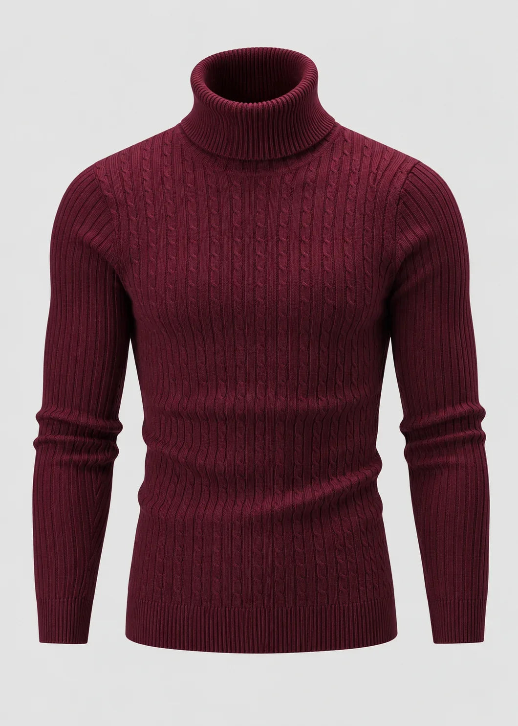 Theo | Men's Slim Fit Cable-Knit Turtleneck Sweater in Burgundy
