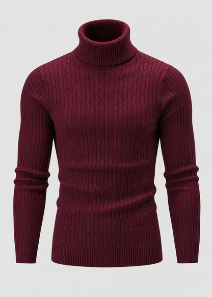 Theo | Men's Slim Fit Cable-Knit Turtleneck Sweater in Burgundy