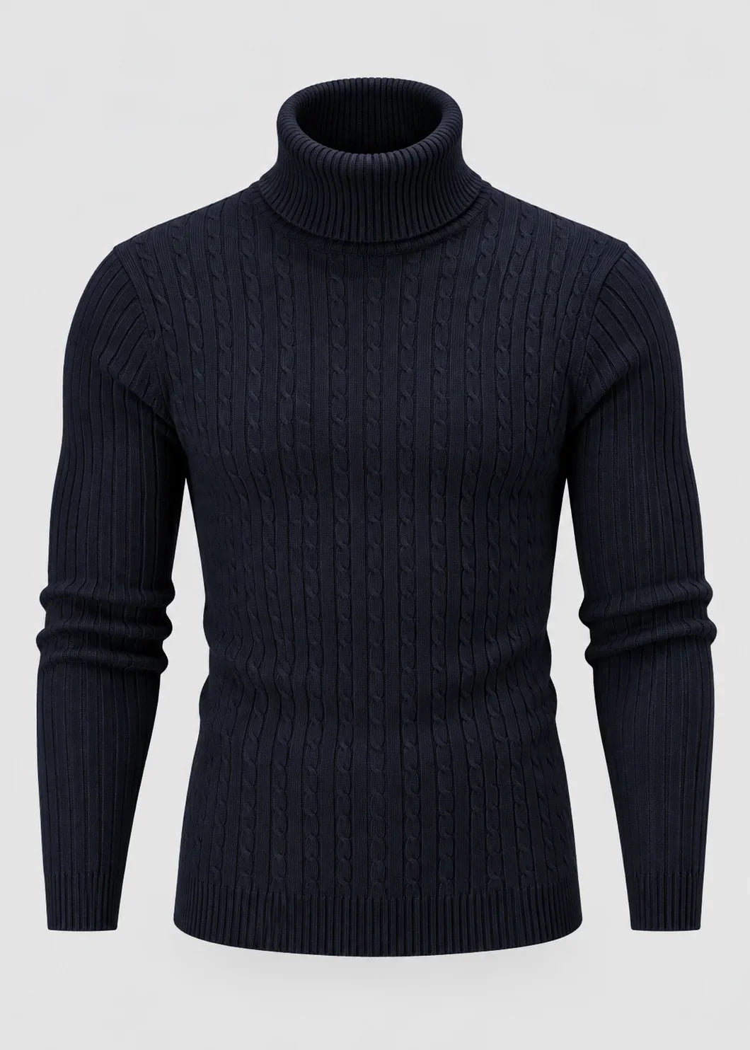 Theo | Men's Slim Fit Cable-Knit Turtleneck Sweater in Navy