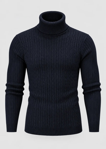 Theo | Men's Slim Fit Cable-Knit Turtleneck Sweater in Navy