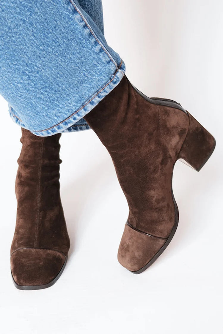 Wren | Women's Square Toe Block Heel Ankle Boots in Brown