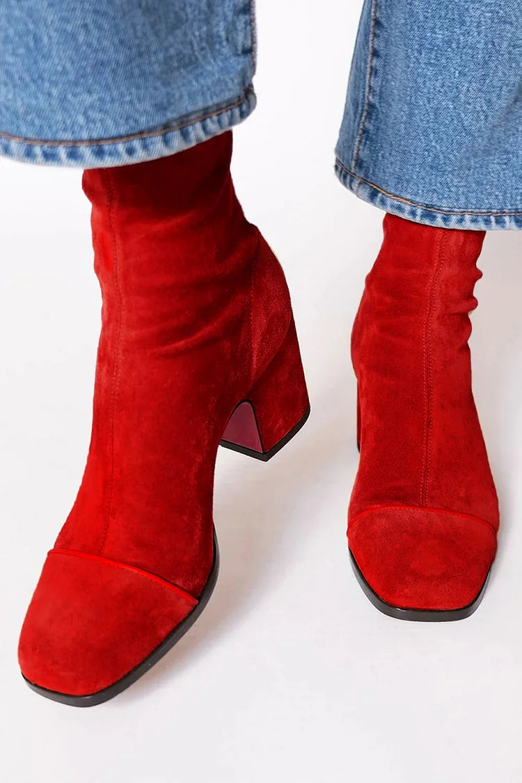 Wren | Women's Square Toe Block Heel Ankle Boots in Red